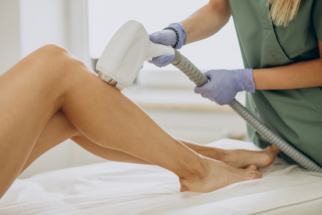 Mulher faz depilação a laser na perna.